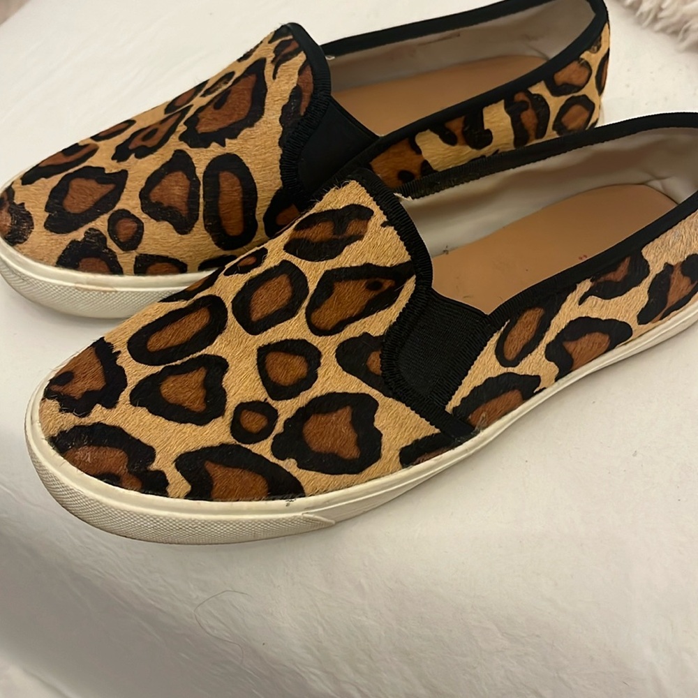 J Crew woman’s sneaker , leopard print textured canvas, lightly worn